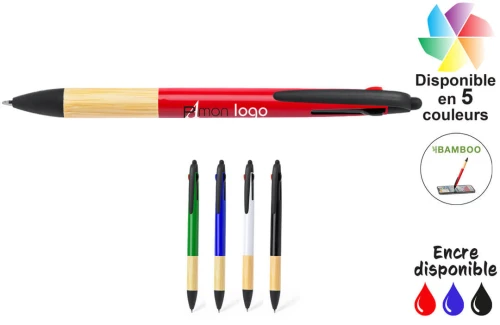 Stylo 3 couleurs en bambou et fibre de blé Milok publicitaire personnalisé avec logo
