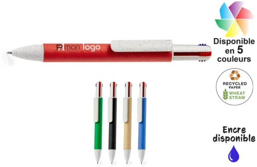 Stylo 4 couleurs en carton recyclé et fibre de blé Surtun publicitaire personnalisé avec logo