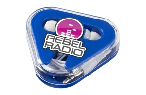 Écouteurs audio avec boîte triangulaire Rebel publicitaire personnalisé avec logo